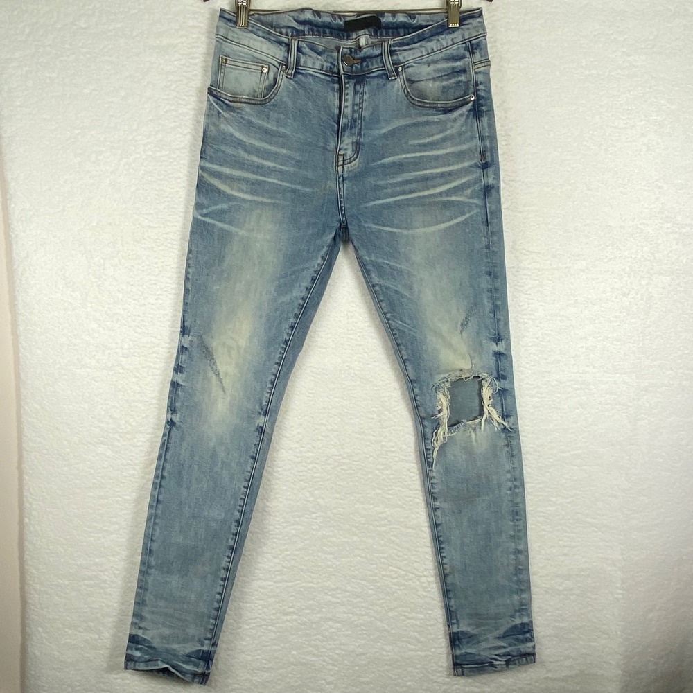 Amiri Mens Skinny Distressed Light Indigo Jeans Size 32 Whiskered Knee Blowout